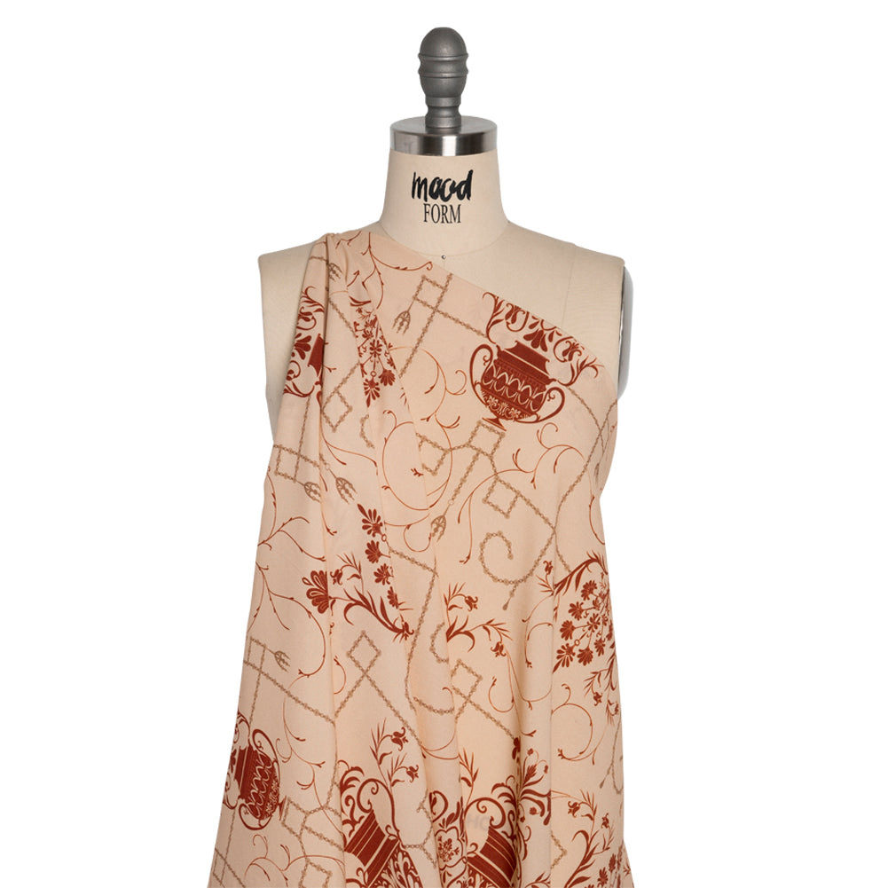 Sustainable Viscose Crepe Print - Beige and Dark Red Flower Vases - Mood Exclusive Persephone's Treasures Drape