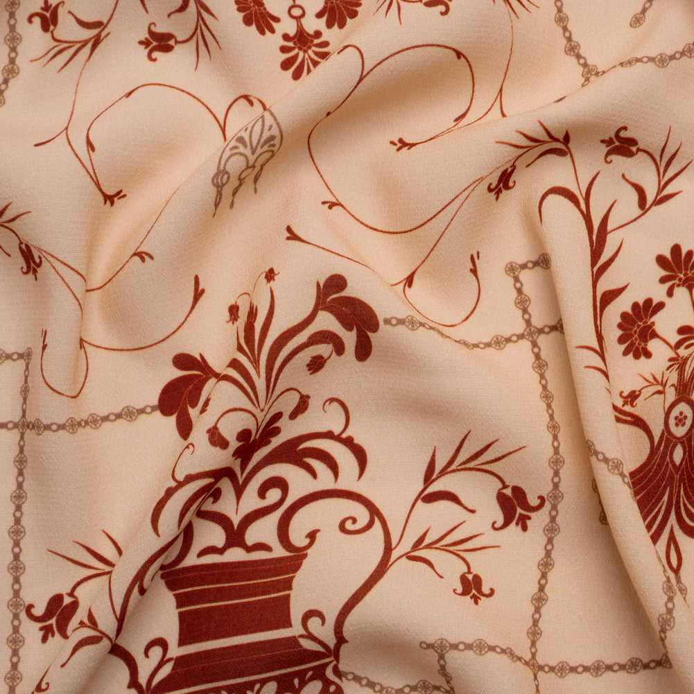Sustainable Viscose Crepe Print - Beige and Dark Red Flower Vases - Mood Exclusive Persephone's Treasures
