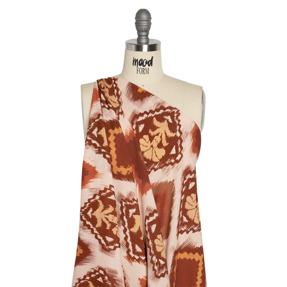 Sustainable Viscose Crepe Print - Cream, Red and Yellow Ikat Diamonds - Mood Exclusive Pressed Peonies Drape