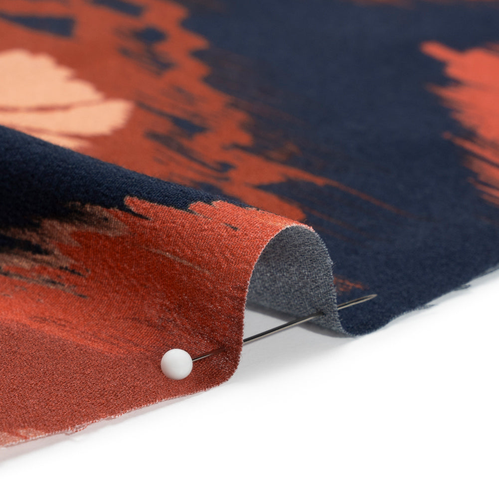 Sustainable Viscose Crepe Print - Navy, Red and Yellow Ikat Diamonds - Mood Exclusive Pressed Peonies Detail