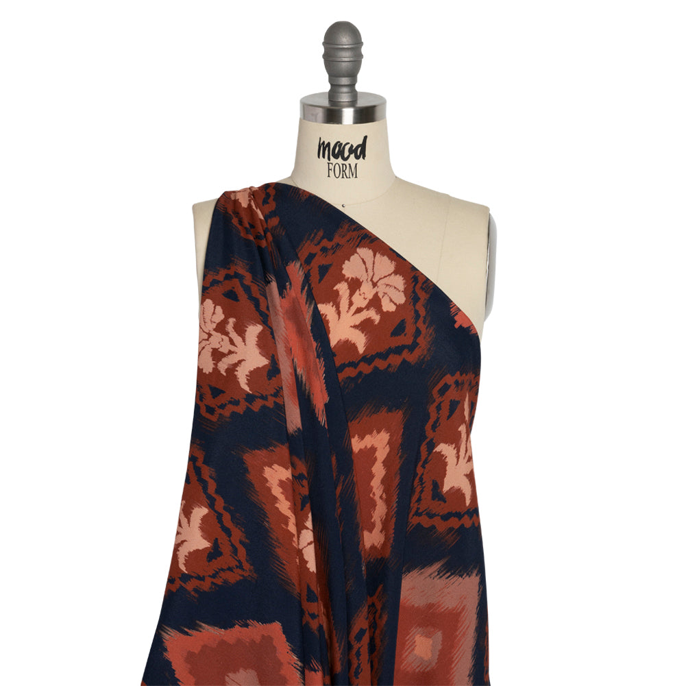 Sustainable Viscose Crepe Print - Navy, Red and Yellow Ikat Diamonds - Mood Exclusive Pressed Peonies Drape