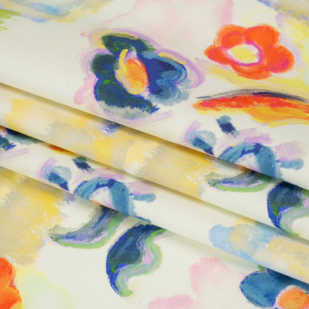 Stretch Cotton Canvas Print - White and Yellow Painterly Floral - Mood Exclusive Step One Folded