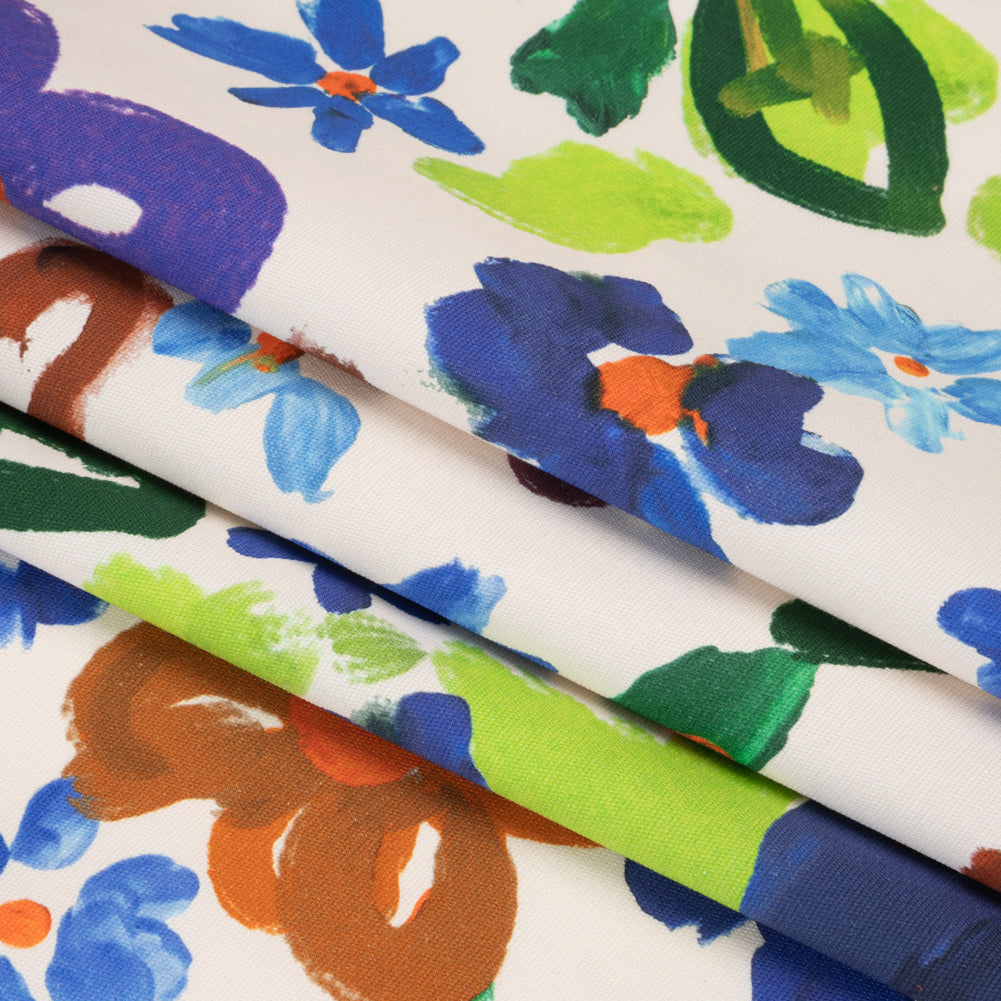 Stretch Cotton Canvas Print - White, Blue and Green Painterly Floral - Mood Exclusive Fingerpainted Flowers Folded