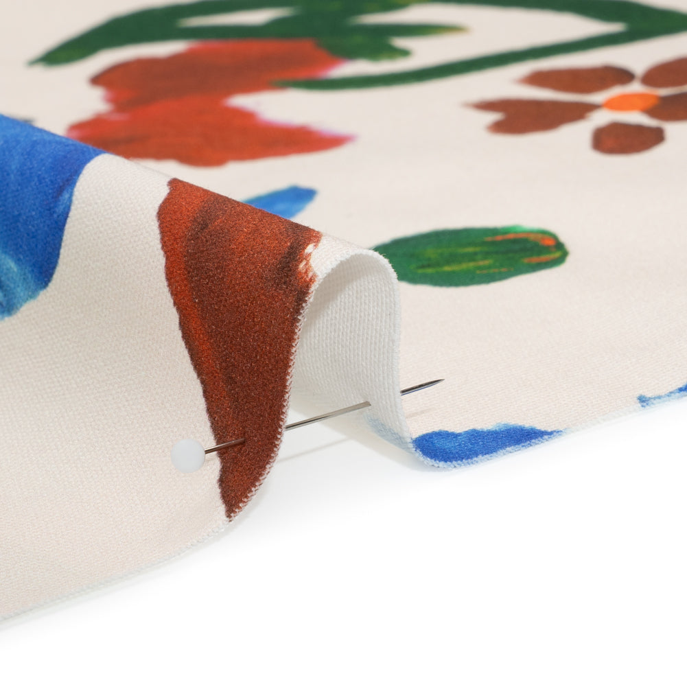 Stretch Cotton Canvas Print - White, Blue and Green Painterly Floral - Mood Exclusive Fingerpainted Flowers Detail