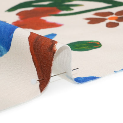 Stretch Cotton Canvas Print - White, Blue and Green Painterly Floral - Mood Exclusive Fingerpainted Flowers Detail