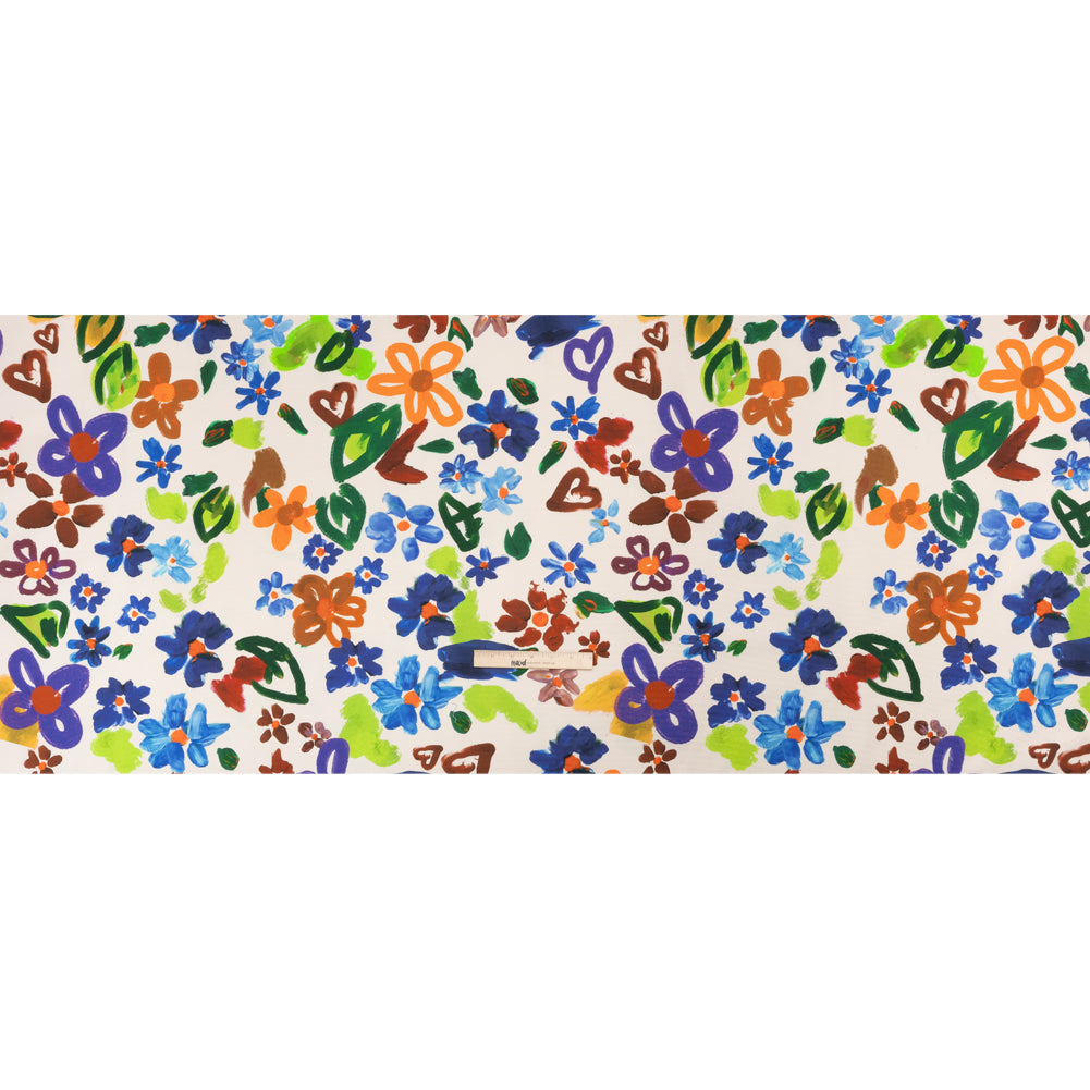 Stretch Cotton Canvas Print - White, Blue and Green Painterly Floral - Mood Exclusive Fingerpainted Flowers Full