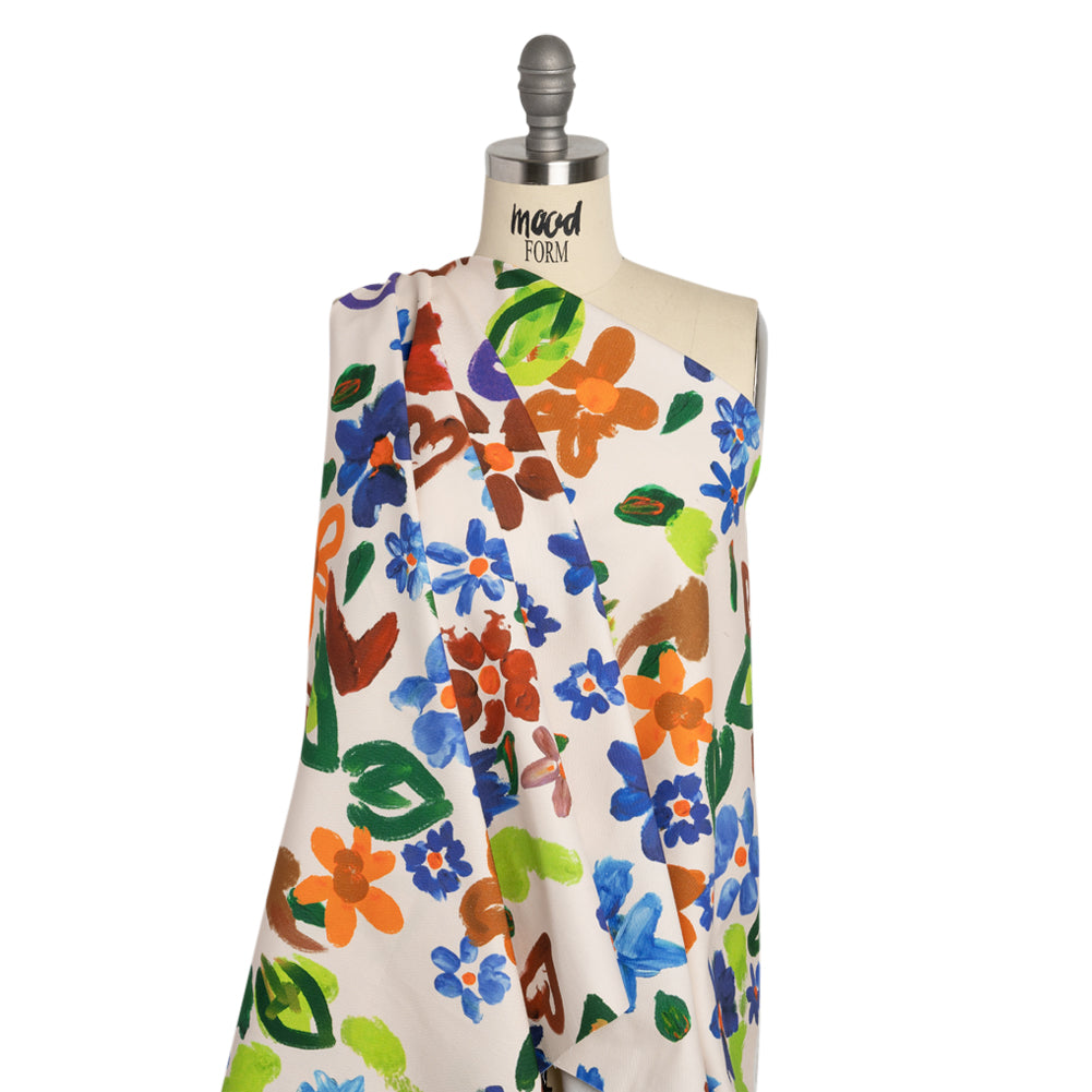 Stretch Cotton Canvas Print - White, Blue and Green Painterly Floral - Mood Exclusive Fingerpainted Flowers Drape