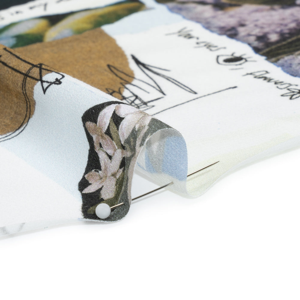 Sustainable Viscose Crepe Print - Beige and Dusty Blue Scrapbook Patchwork - Mood Exclusive Poetics of Love Folded