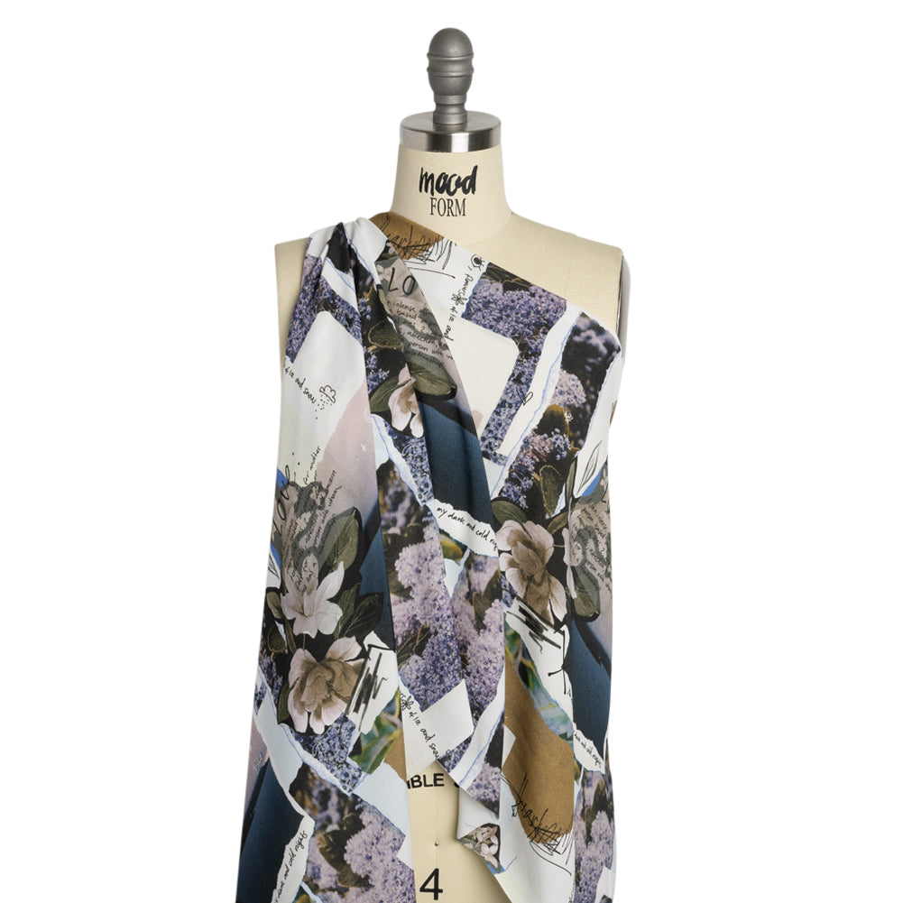Sustainable Viscose Crepe Print - Beige and Dusty Blue Scrapbook Patchwork - Mood Exclusive Poetics of Love Detail