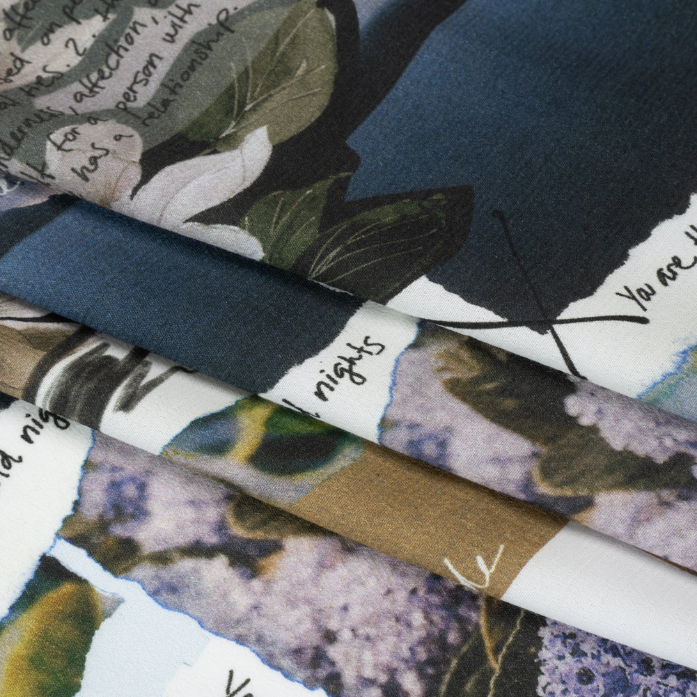 Sustainable Viscose Crepe Print - Beige and Dusty Blue Scrapbook Patchwork - Mood Exclusive Poetics of Love Full