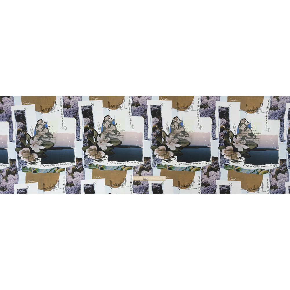 Sustainable Viscose Crepe Print - Beige and Dusty Blue Scrapbook Patchwork - Mood Exclusive Poetics of Love Drape