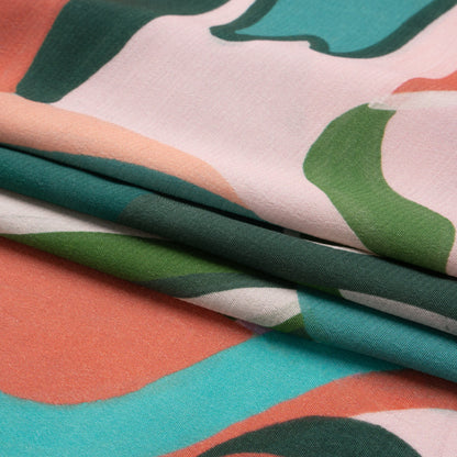 Sustainable Viscose Woven Print - Pink, Green and Blue Mushrooms and Abstract - Mood Exclusive Mid Mod Mushroom Folded