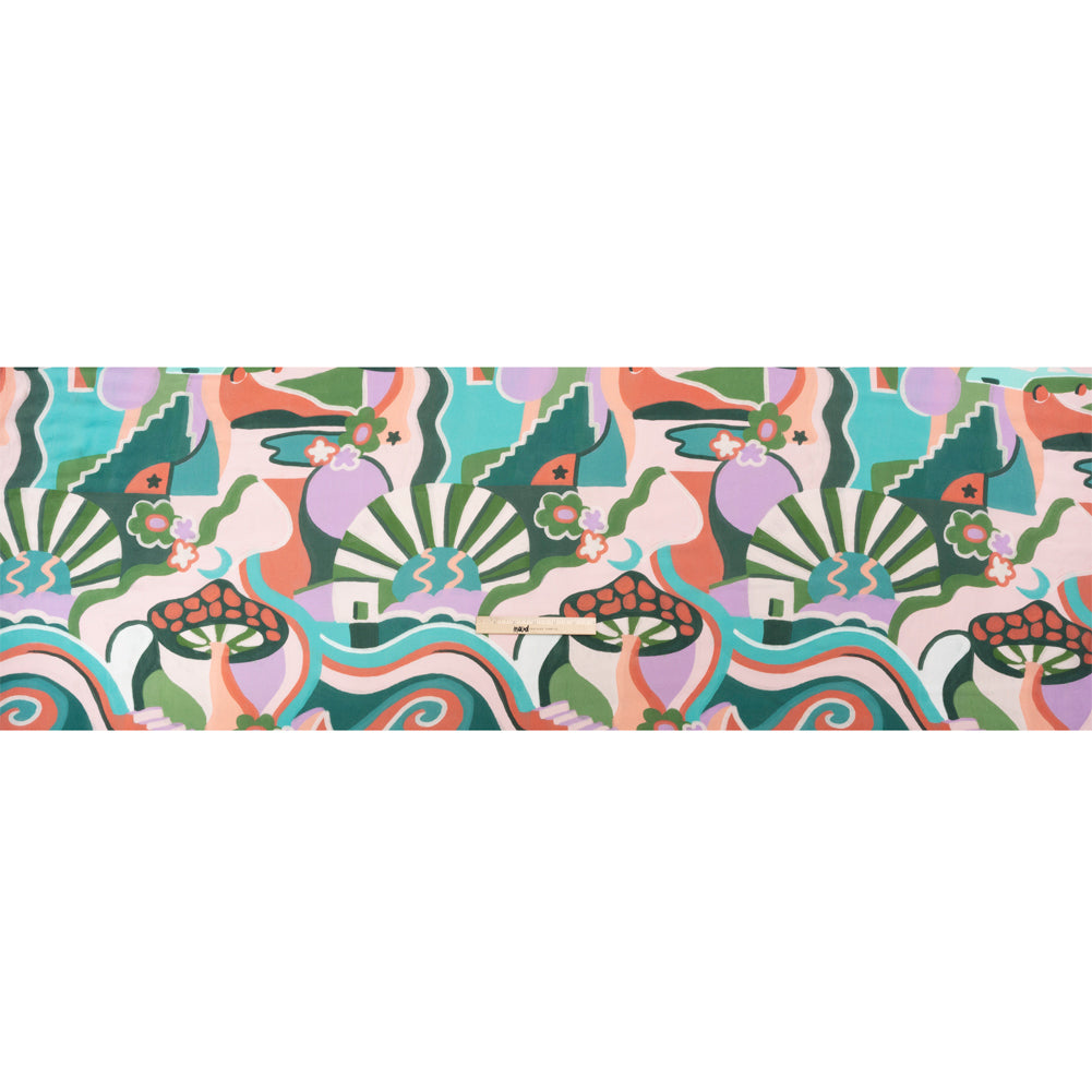 Sustainable Viscose Woven Print - Pink, Green and Blue Mushrooms and Abstract - Mood Exclusive Mid Mod Mushroom Full