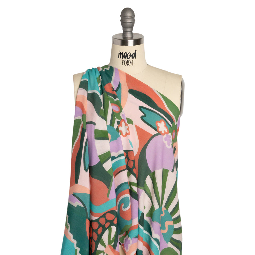 Sustainable Viscose Woven Print - Pink, Green and Blue Mushrooms and Abstract - Mood Exclusive Mid Mod Mushroom Drape