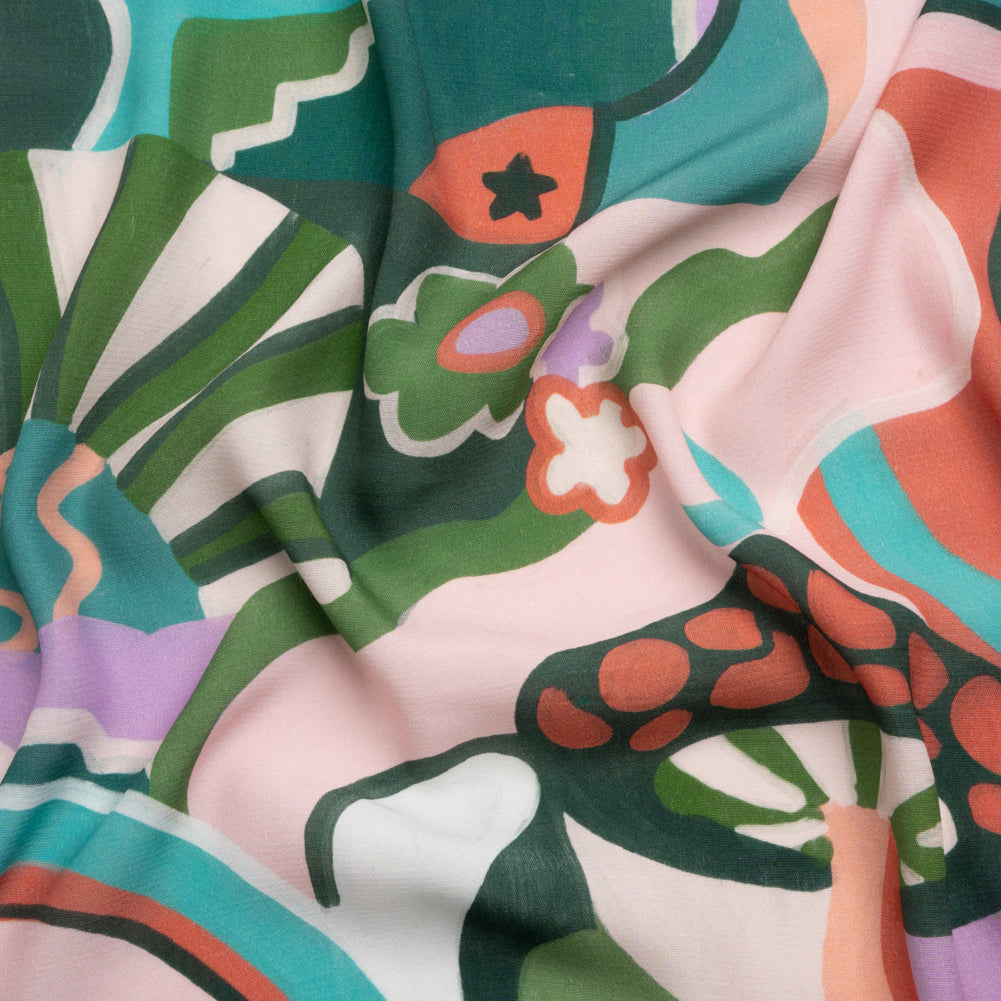 Sustainable Viscose Woven Print - Pink, Green and Blue Mushrooms and Abstract - Mood Exclusive Mid Mod Mushroom