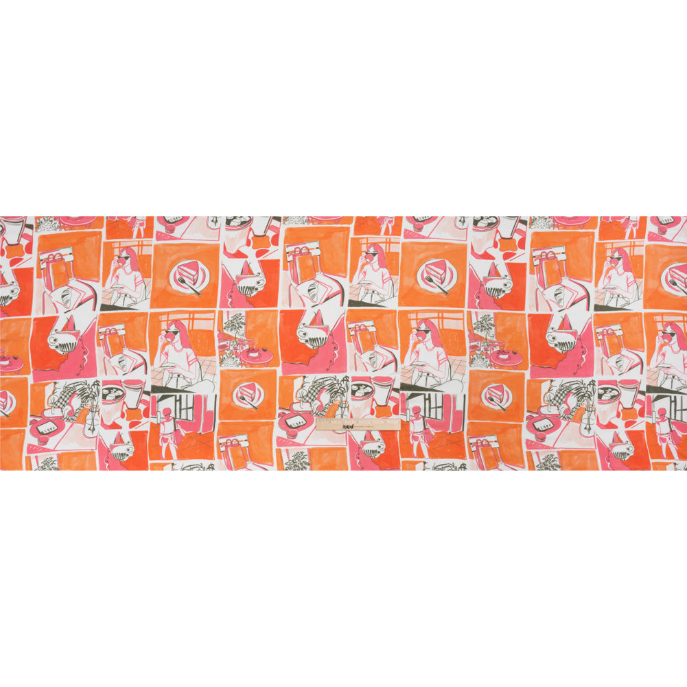 Sustainable and Recycled Viscose Satin Print - Orange and Pink Cafe Snapshots Patchwork - Mood Exclusive Italian Afternoon Drape