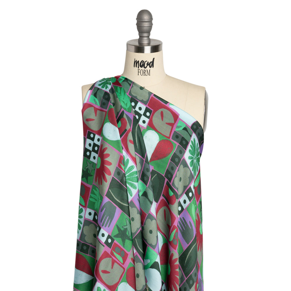 Sustainable and Recycled Viscose Satin Print - Green, Red and Gray Simple Symbols Patchwork - Mood Exclusive Come Together Detail