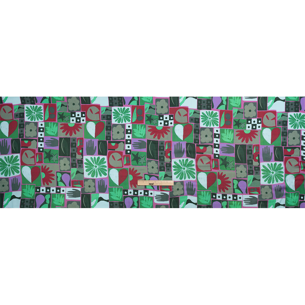 Sustainable and Recycled Viscose Satin Print - Green, Red and Gray Simple Symbols Patchwork - Mood Exclusive Come Together Drape