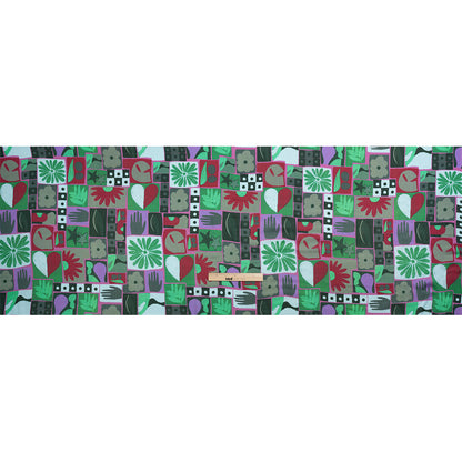 Sustainable and Recycled Viscose Satin Print - Green, Red and Gray Simple Symbols Patchwork - Mood Exclusive Come Together Drape