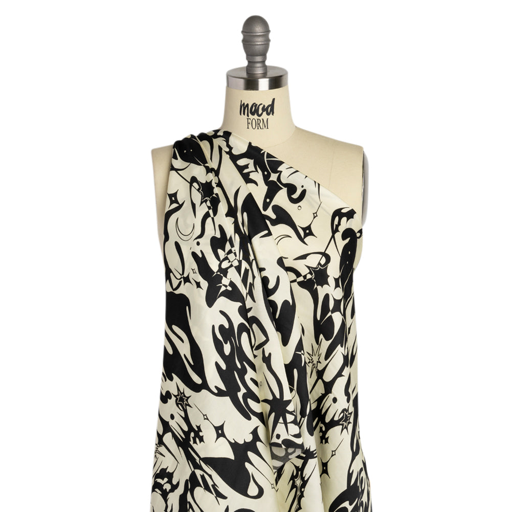 Sustainable and Recycled Viscose Satin Print - Cream and Black Abstract and Stars - Mood Exclusive Cosmic Chaos Detail