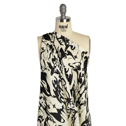 Sustainable and Recycled Viscose Satin Print - Cream and Black Abstract and Stars - Mood Exclusive Cosmic Chaos Detail