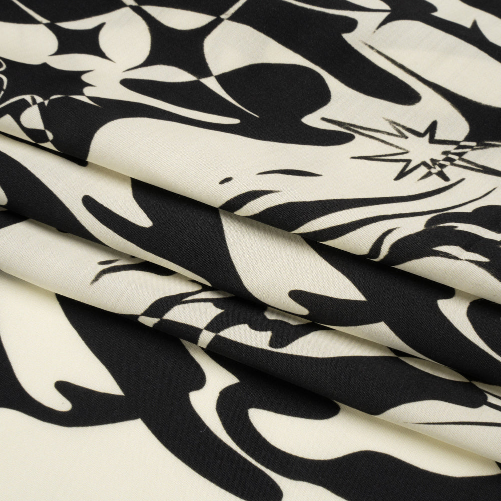 Sustainable and Recycled Viscose Satin Print - Cream and Black Abstract and Stars - Mood Exclusive Cosmic Chaos Full