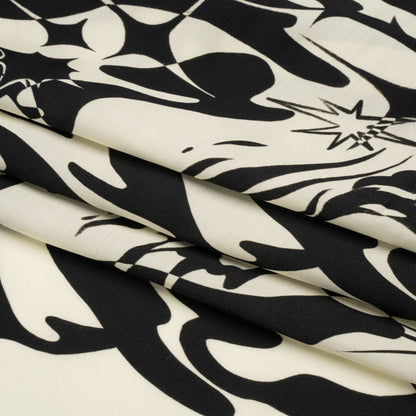 Sustainable and Recycled Viscose Satin Print - Cream and Black Abstract and Stars - Mood Exclusive Cosmic Chaos Full