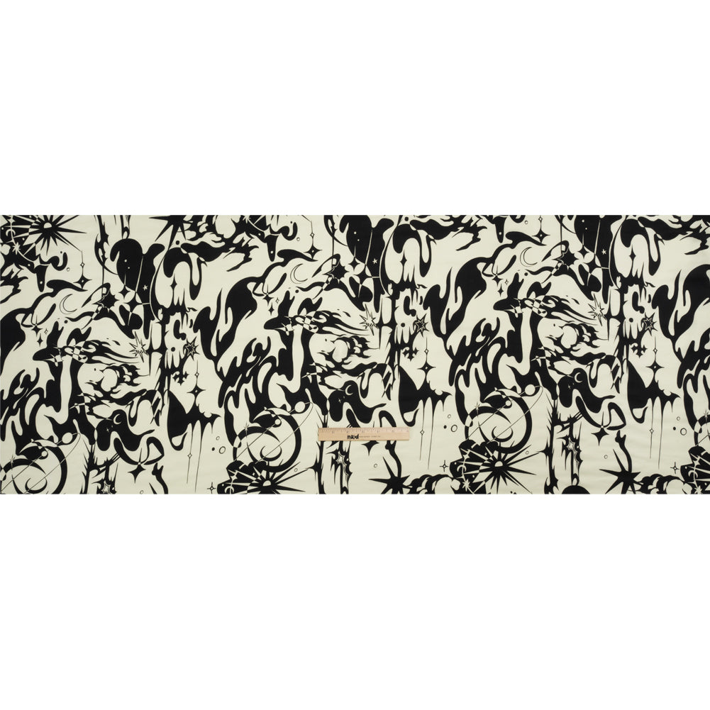 Sustainable and Recycled Viscose Satin Print - Cream and Black Abstract and Stars - Mood Exclusive Cosmic Chaos Drape
