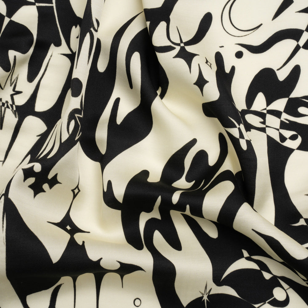 Sustainable and Recycled Viscose Satin Print - Cream and Black Abstract and Stars - Mood Exclusive Cosmic Chaos