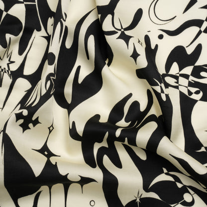 Sustainable and Recycled Viscose Satin Print - Cream and Black Abstract and Stars - Mood Exclusive Cosmic Chaos