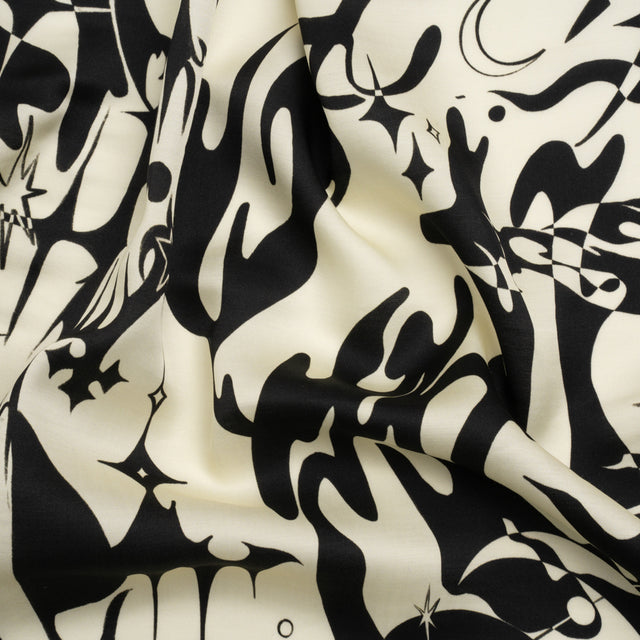 Sustainable and Recycled Viscose Satin Print - Cream and Black Abstract and Stars - Mood Exclusive Cosmic Chaos