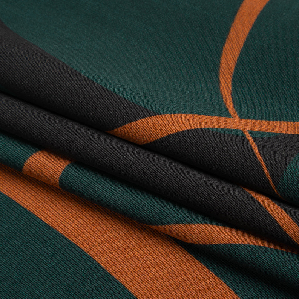 Sustainable and Recycled Viscose Satin Print - Forest Green and Orange Swirling Abstract - Mood Exclusive Atmospheric Adventure Full