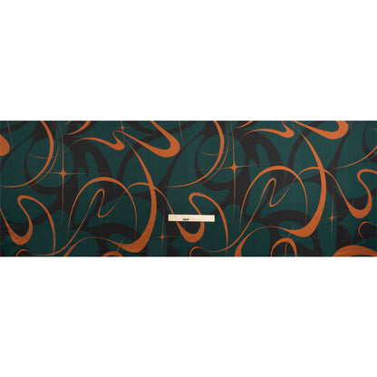 Sustainable and Recycled Viscose Satin Print - Forest Green and Orange Swirling Abstract - Mood Exclusive Atmospheric Adventure Drape