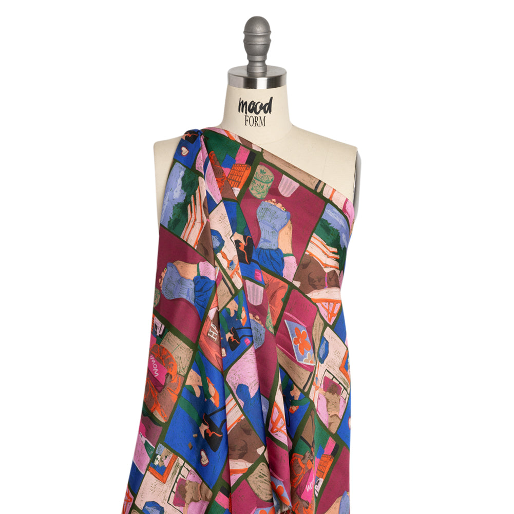 Sustainable and Recycled Viscose Satin Print - Blue, Green and Berry Red Everyday Vignettes Patchwork - Mood Exclusive Metropolitan Madness Detail