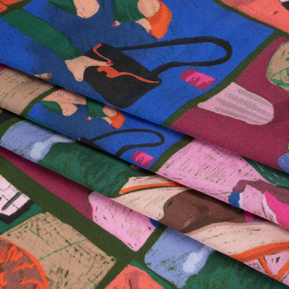 Sustainable and Recycled Viscose Satin Print - Blue, Green and Berry Red Everyday Vignettes Patchwork - Mood Exclusive Metropolitan Madness Full