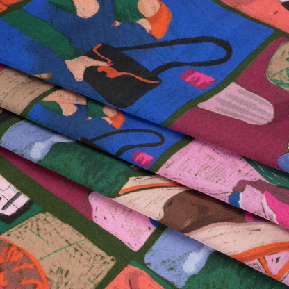 Sustainable and Recycled Viscose Satin Print - Blue, Green and Berry Red Everyday Vignettes Patchwork - Mood Exclusive Metropolitan Madness Full