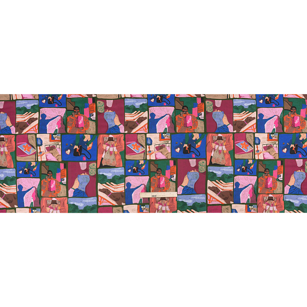 Sustainable and Recycled Viscose Satin Print - Blue, Green and Berry Red Everyday Vignettes Patchwork - Mood Exclusive Metropolitan Madness Drape