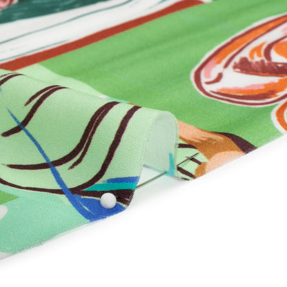 Sustainable and Recycled Viscose Satin Print - Green, Orange and Red Simple Scenes Patchwork - Mood Exclusive Perk Up Folded