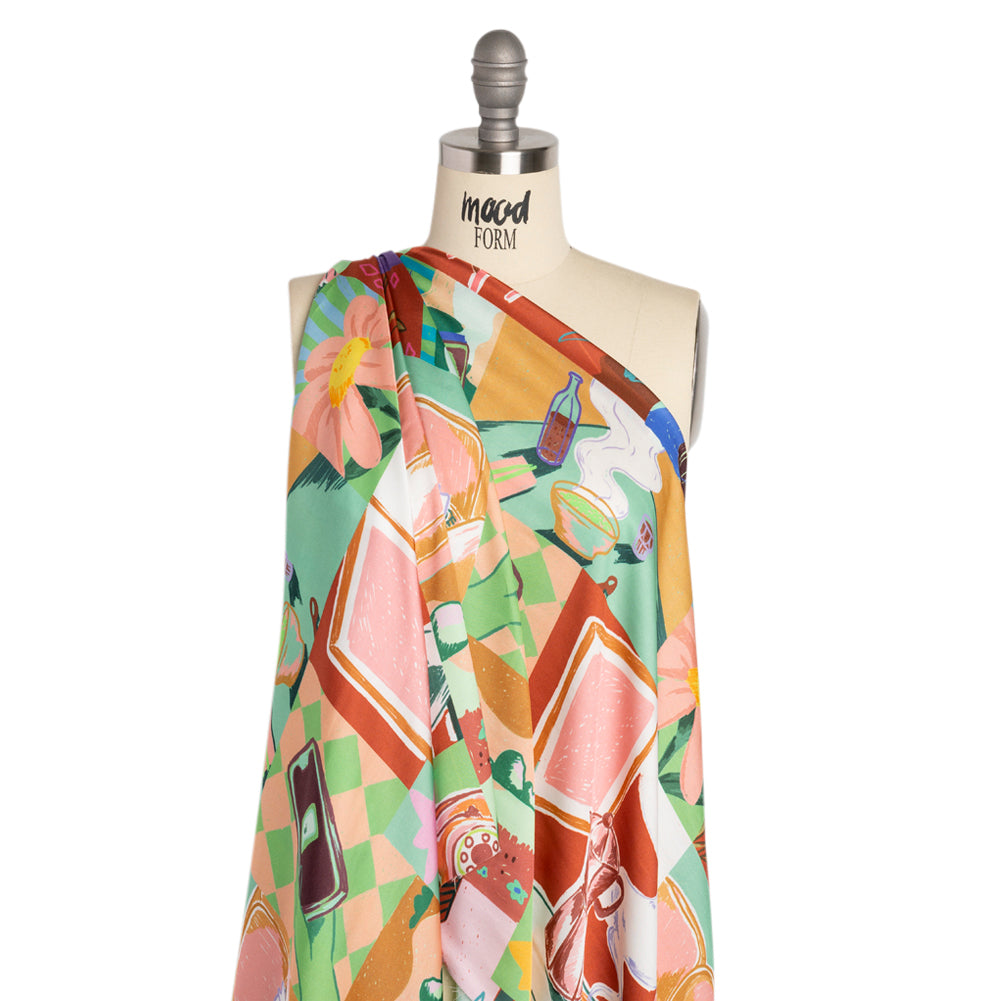 Sustainable and Recycled Viscose Satin Print - Green, Orange and Red Simple Scenes Patchwork - Mood Exclusive Perk Up Detail