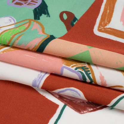 Sustainable and Recycled Viscose Satin Print - Green, Orange and Red Simple Scenes Patchwork - Mood Exclusive Perk Up Full
