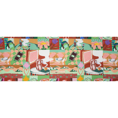 Sustainable and Recycled Viscose Satin Print - Green, Orange and Red Simple Scenes Patchwork - Mood Exclusive Perk Up Drape