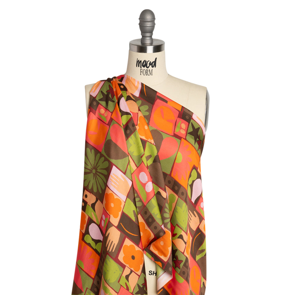 Sustainable and Recycled Viscose Satin Print - Orange, Green and Coral Simple Symbols Patchwork - Mood Exclusive Come Together Detail