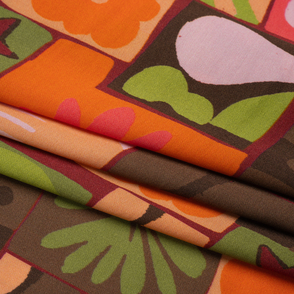 Sustainable and Recycled Viscose Satin Print - Orange, Green and Coral Simple Symbols Patchwork - Mood Exclusive Come Together Full