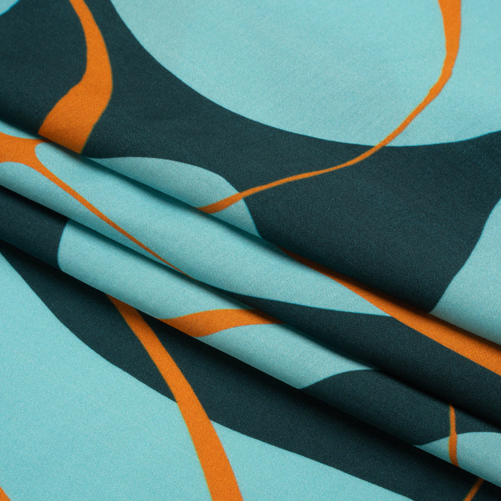 Sustainable and Recycled Viscose Satin Print - Turquoise and Orange Swirling Abstract - Mood Exclusive Atmospheric Adventure Full