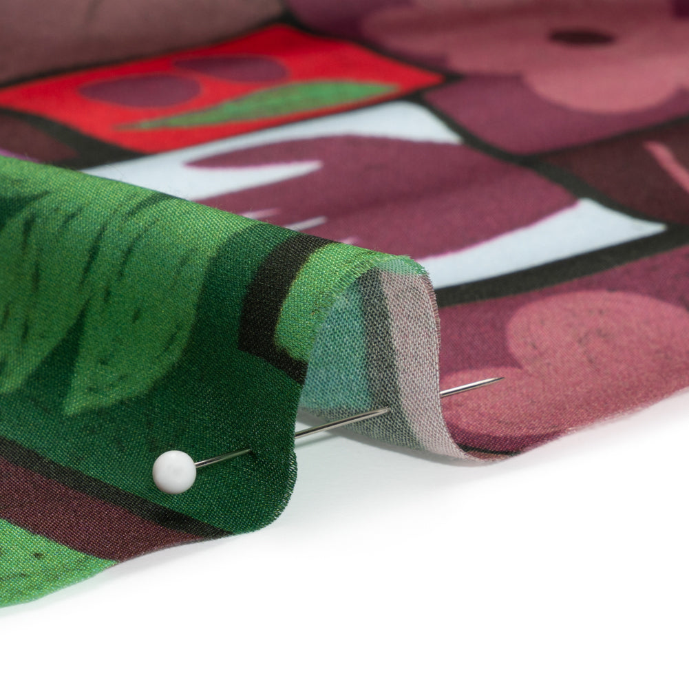 Sustainable and Recycled Viscose Satin Print - Purple, Green and Red Simple Symbols Patchwork - Mood Exclusive Come Together Folded