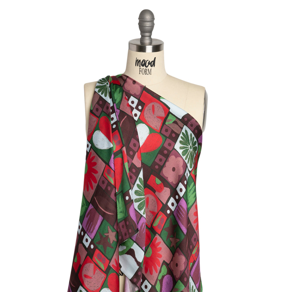Sustainable and Recycled Viscose Satin Print - Purple, Green and Red Simple Symbols Patchwork - Mood Exclusive Come Together Detail