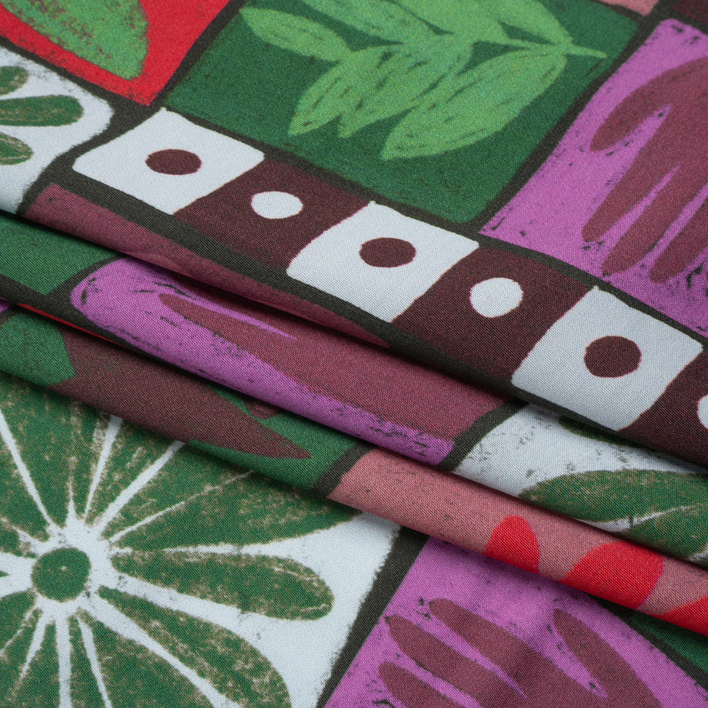 Sustainable and Recycled Viscose Satin Print - Purple, Green and Red Simple Symbols Patchwork - Mood Exclusive Come Together Full