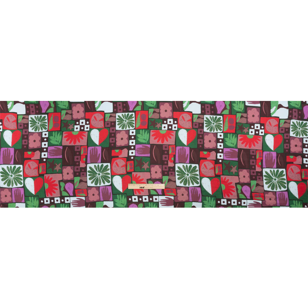 Sustainable and Recycled Viscose Satin Print - Purple, Green and Red Simple Symbols Patchwork - Mood Exclusive Come Together Drape
