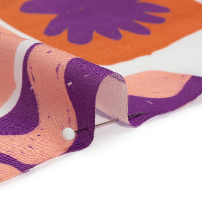 Sustainable and Recycled Viscose Satin Print - Purple and Orange Doodle Patches - Mood Exclusive Place in Space Folded