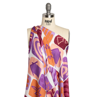 Sustainable and Recycled Viscose Satin Print - Purple and Orange Doodle Patches - Mood Exclusive Place in Space Detail